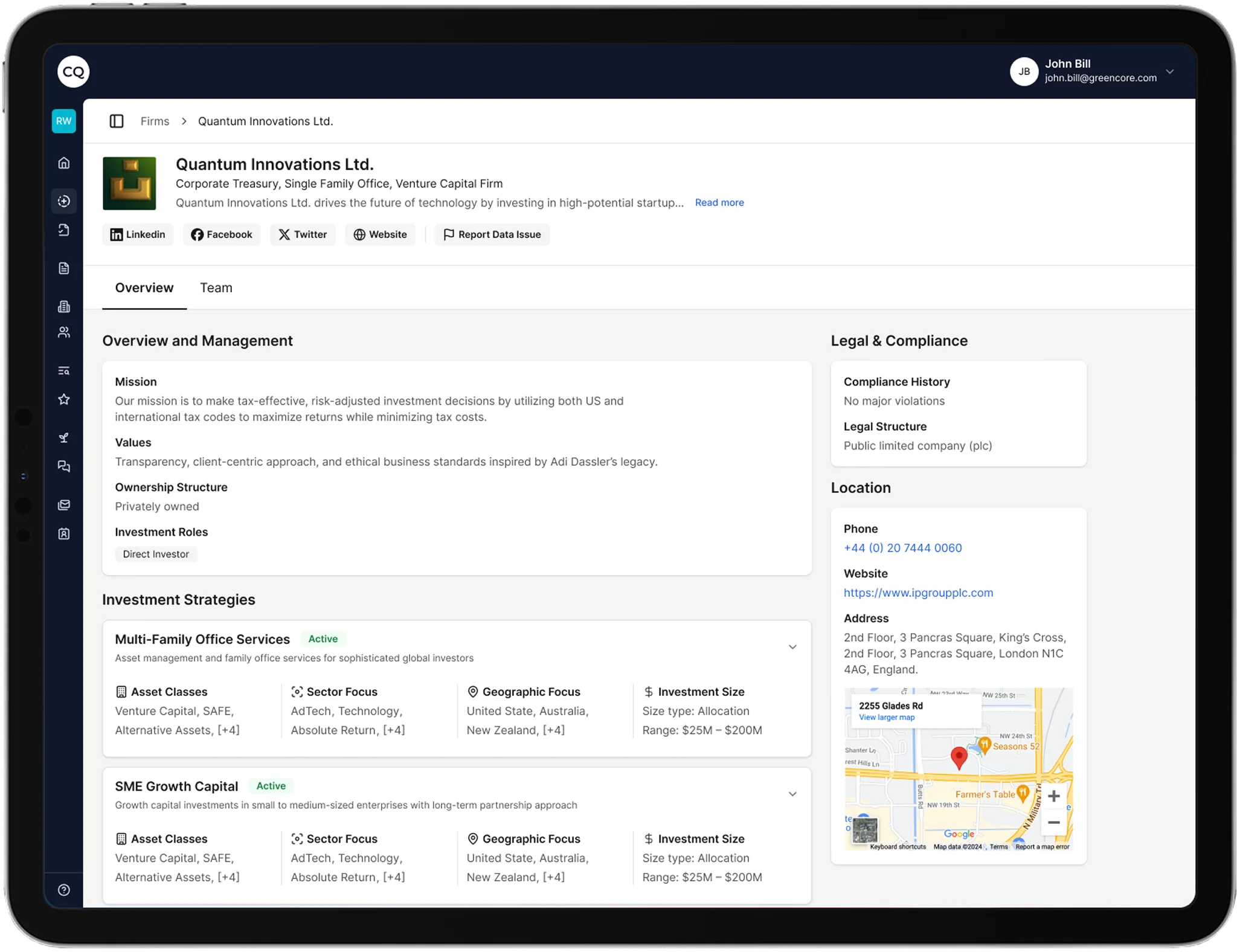 CQ Database firm detail view