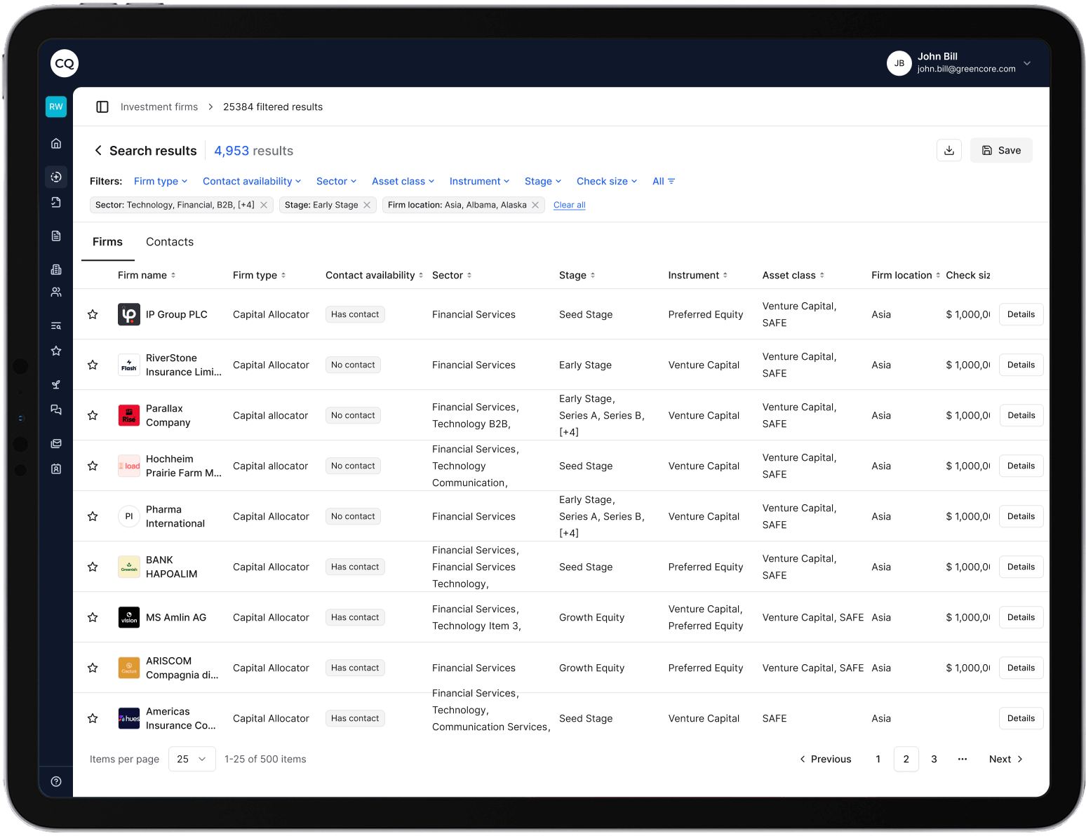 CQ Database firm listing view